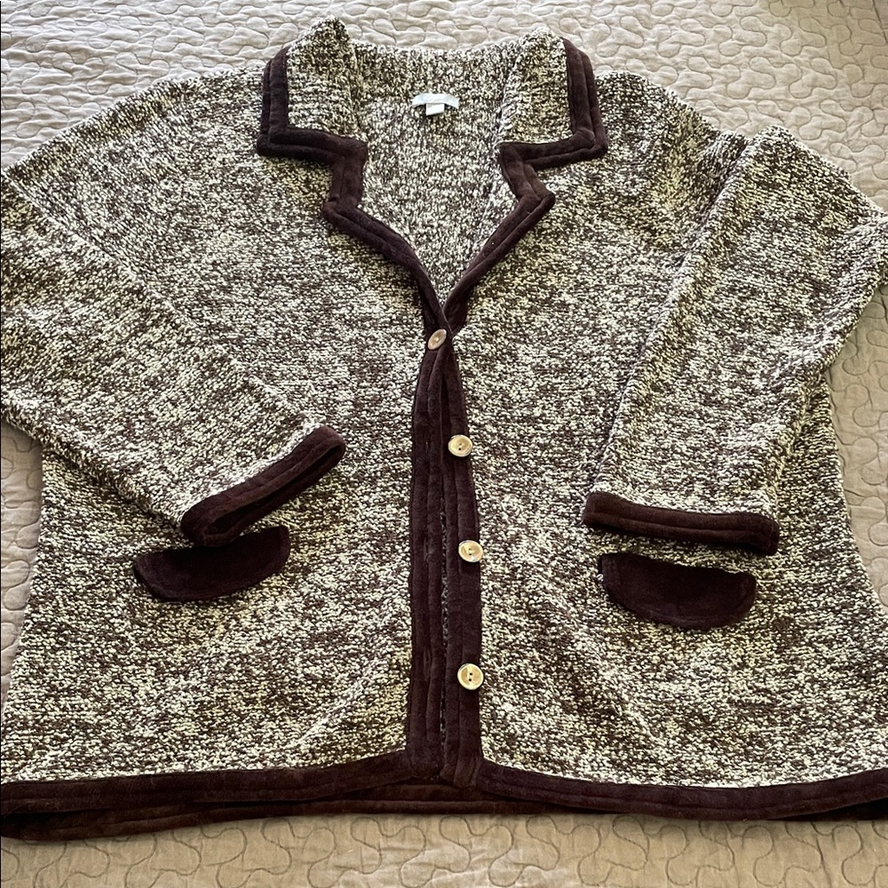 J. Jill Brown and Cream Bouclé Button-Front Cardigan with Dark Trim